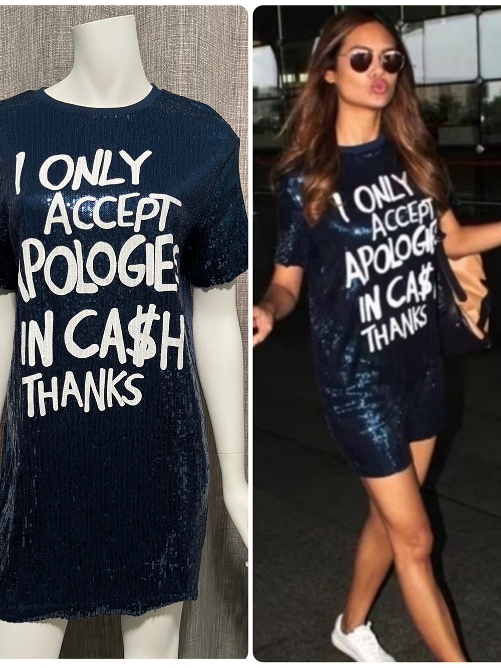 Zara Navy Sequin I Only Accept Apologies In Cash Statement Tee Dress Small NWT